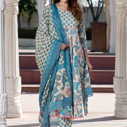 Jaitpuriya Women Floral Printed Regular Pure Cotton Kurta with Trousers & With Dupatta-picture-6