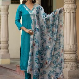 Moda Rapido Women Solid Embroidered Thread Work Regular Kurta & Trousers With Dupatta-picture-14