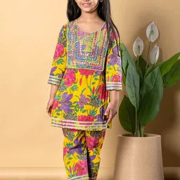Readiprint Fashions Girls Floral Printed Mirror Work Pure Cotton Kurti with Palazzos-image-92