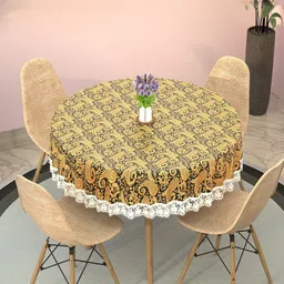 Kuber Industries Black & Yellow Floral Printed Waterproof Round 4-Seater Table Cover-3