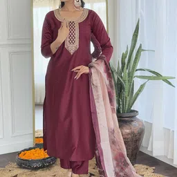 THE52 Floral Yoke Design Round Neck Straight Kurta With Trousers & Dupatta-picture-35