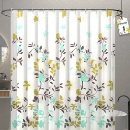 Kuber Industries Aura White & Blue Leaf Printed Waterproof Shower Curtains With 12 Rings-14