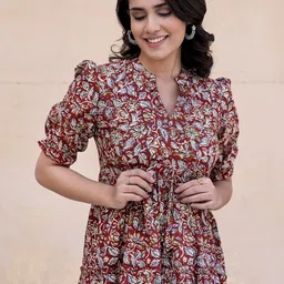 Jash Creation Print Puff Sleeve Applique Crepe Fit & Flare Maxi Dress-picture-42