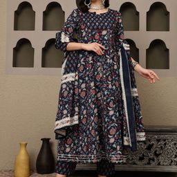 BANDIA Women Floral Printed Panelled Mirror Work Pure Cotton Kurta with Trousers & With Dupatta-14