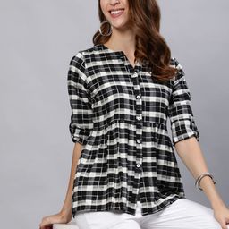 Jaipur Kurti Checked Mandarin Collar Roll-Up Sleeves Cotton Shirt Style Top-picture-10