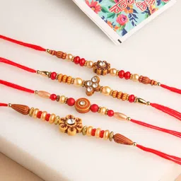 Anouk Men Set Of 4 Stones Studded & Beaded Floral Thread Rakhis With Roli Chawal-7