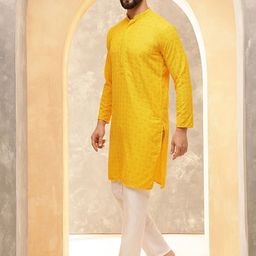 Anouk Yellow Geometric Embroidered Mandarin Collar Straight Pure Cotton Kurta With Pyjamas-image-42