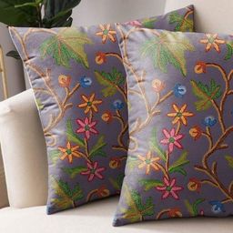 Aura Grey & Green 2 Pieces Floral Square Cushion Covers-picture-28