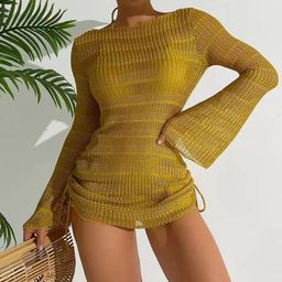 Plus Curvves 3 Pieces Drawstring Long Sleeve Hollow Out Backless Swimwear Cover up Set-2