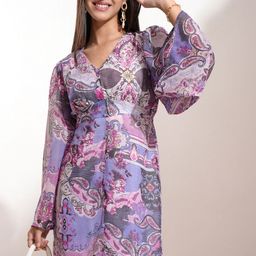 Vishudh WomenEthnic Motifs Print Flared Sleeve A-Line Mini Dress-picture-18