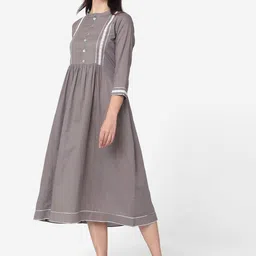 DIVASTRI Self Design Mandarin Collar A-Line Midi Dress-image-31