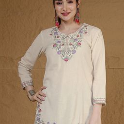 Uparna Women Beige Embroidered Round Neck Casual Cotton Straight Kurta-image-39