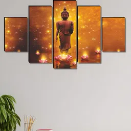 Aura Gold-Toned & Brown 5 Pieces Religious Buddha Wooden Painting Wall Art-image-87