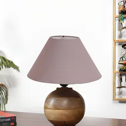 Devansh Grey & Beige Textured Wooden Frusturical Shaped Table Lamp-9