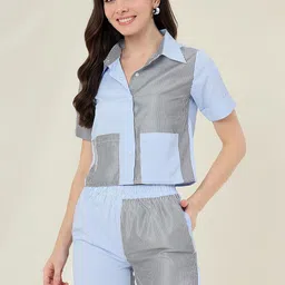 StyleStone Striped Pure Cotton Shirt Collar Shirt With Shorts Co-Ords-image-61