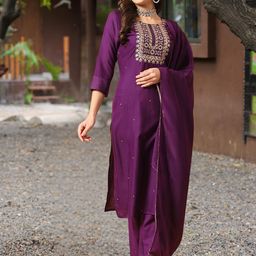 KALINI Women Floral Embroidered Thread Work Kurta, Trousers With Dupatta-image-86