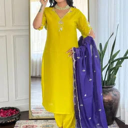 URMIR FASHION Embroidered V Neck Chanderi Silk Straight Kurta With Trousers & Dupatta-picture-25