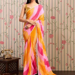 Ode by House of Pataudi Striped Poly Georgette Ready to Wear Leheriya Saree-18