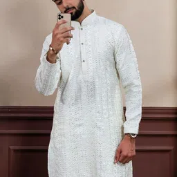 PulseIQ Men Cream Viscose Rayon Kurta Sets-50