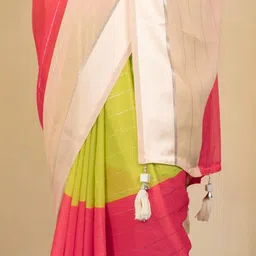 KALINI Lime Yellow,Crimson Pink N Light Peach Color Block Printed Georgette Saree image 3