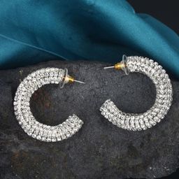 StyleCast Silver-Plated Rhinestone Studded Crescent Shaped Half Hoop Earrings-image-47