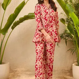 IMANA Floral Printed Pure Cotton V-Neck Top With Trousers Co-Ords-image-80