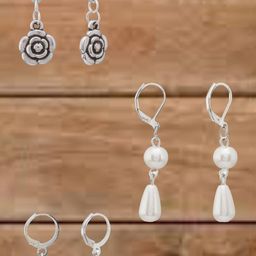 Sangria Set Of 3 German Silver Silver-Plated Artificial Beaded Floral Shaped Drop Earrings-31