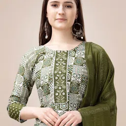 Rujave Women Printed Regular Thread Work Kurta with Trousers & With Dupatta image 2
