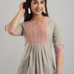 LIVING ROOTS Geometric Block Printed Pure Cotton Panelled A-Line Casual Short Kurti-picture-10