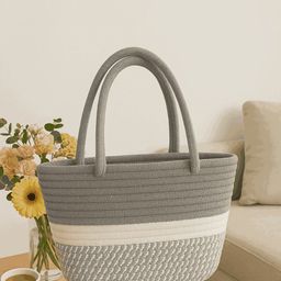 Textile and Beyond Textured Cotton Crochet Tote Basket Bag-image-67
