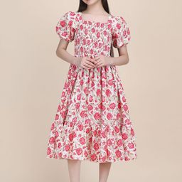 YK Girls Printed Puff Sleeves Smocked Fit & Flare Midi Dress-picture-14