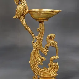 Exotic India Gold-Toned Ritual Diya Stand With Double Parrot Brass Pooja Essentials-image-32