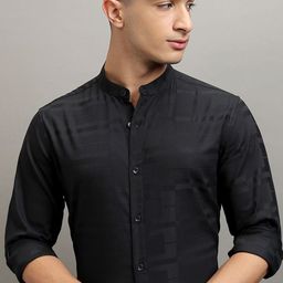 HIGHLANDER Men Band Collar Striped Cotton Casual Shirt-picture-40