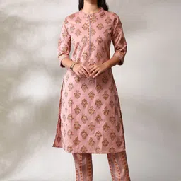 Anouk Pink Ethnic Motifs Printed Mandarin Collar Pure Cotton Straight Kurta with Trousers-21