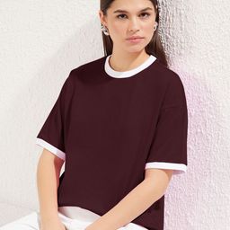 Trendyol Women Solid Round Neck Cotton Oversized T-shirt-image-96