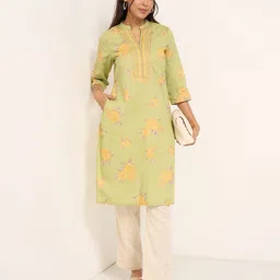 RANGMANCH BY PANTALOONS Floral Printed Mandarin Collar Pure Cotton Straight Kurta-52