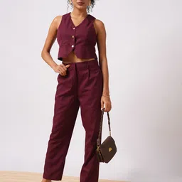 Globus Maroon V-Neck Sleeveless Waistcoat With Pleated Trousers-image-25