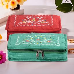 Aura Red and Green 2 Pieces Embroidered 7-Compartments Jewellery Organisers-20