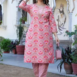 TRAHIMAM Women Ethnic Motifs Printed Cotton Kurta with Trousers-picture-56