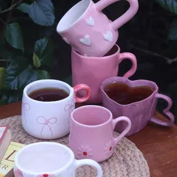 WEAVING HOMES Spring Blossom Pink & White 6 Pcs Textured Ceramic Glossy Mugs 250ml-32