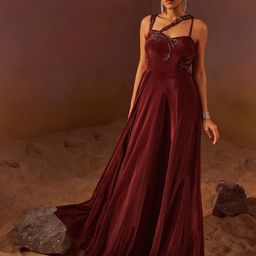 QUNIC Embellished Sweetheart Neck Crepe Maxi Dress-image-25