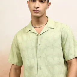 HIGHLANDER Men Mocklino Dobby Textured Solid Cuban Collar Relaxed Shirt-image-99