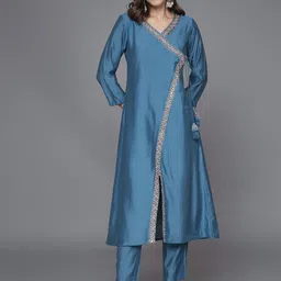 Sangria Embroidered Mirror Work Front Cut-Detail A-Line Kurta With Trouser-picture-17