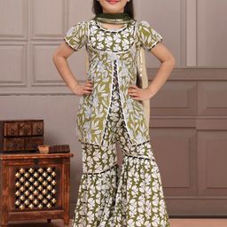 Cutiekins Girls Floral Printed Round Neck Gotta Patti A-Line Kurta With Sharara & Dupatta-picture-9