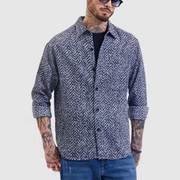 Snitch Men Relaxed Boxy Fit Spread Collar Textured Casual Shirt-image-36