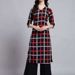 THE FAB FACTORY Women Checked V-Neck Regular Straight Calf Length Kurta-image-45