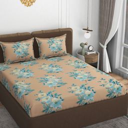 VOMZER Turquoise Blue Floral 210 TC Queen Bedsheet with 2 Pillow Covers-image-91