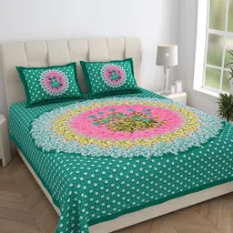 HOMELINE Green & Pink Floral Printed Cotton 144 TC King Bedsheet Set 2.286 m x 2.621m-image-90