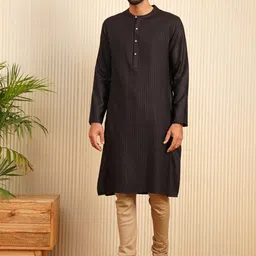 JAYPORE Striped Thread Work Linen Straight Kurta-image-23