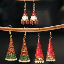 Anouk Set Of 3 Meenakari Kundan Studded & Beads Beaded Dome Shape Jhumkas-23